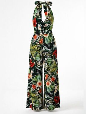 Tropical Floral Halter Wide-Leg Jumpsuit One Piece Boho Hibiscus Palm Print S-M